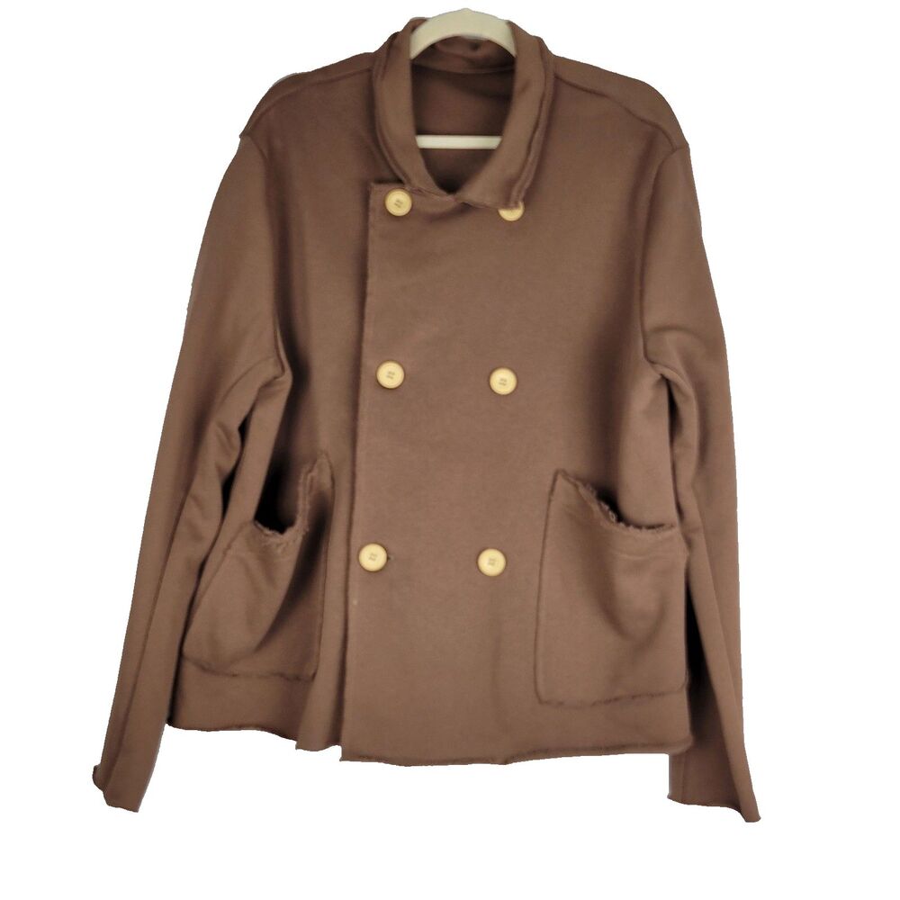 Double Breasted Fleece Peacoat Jacket Brown Taupe Cotton Polyester size XL